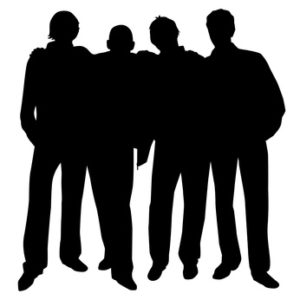 four friends hugging each other by the shoulders vector silhouette